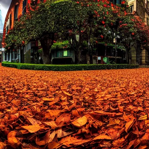 Image similar to a city made of leaves and petals surreal style