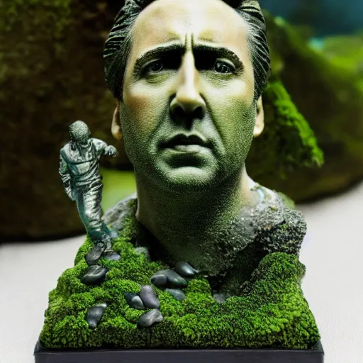 Prompt: Nicolas Cage mossy statue, green moss all over, bottom of the ocean, deep ocean, fish, 4k, detailed, photorealistic, photo