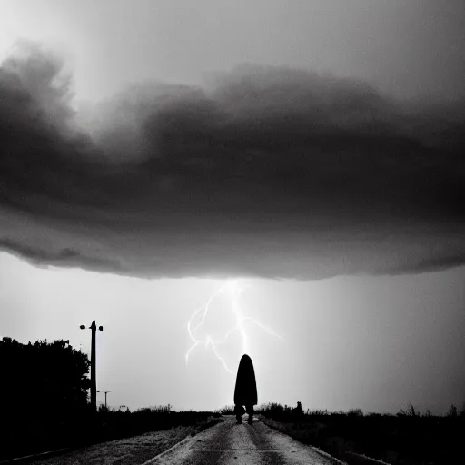 Image similar to scary unproportionally tall disfigured ghost creature in the middle of an old battlefield, thunderstorm, 35mm picture