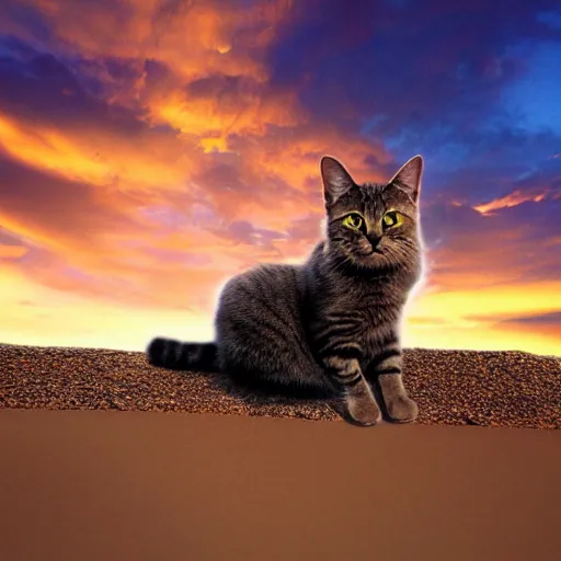 Prompt: beautiful picture of a cat starting at a futuristic sunset, photorealistic, award winning details