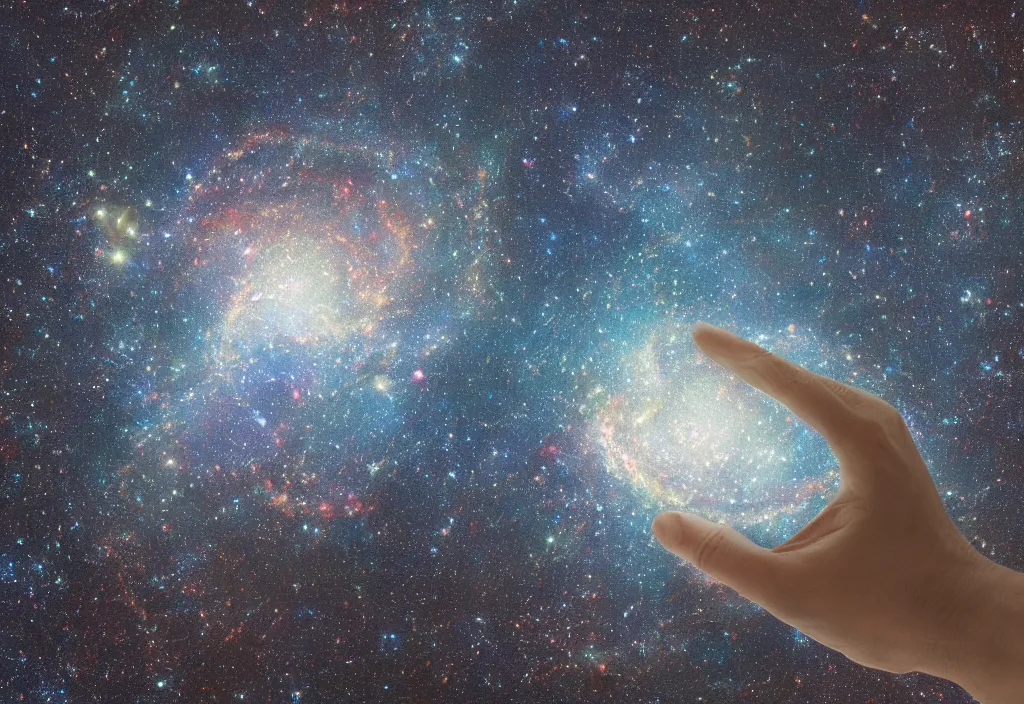 Prompt: Galaxy in the shape of a hand, taken through a telescope, realistic, universe, 4K, 8K, HDR