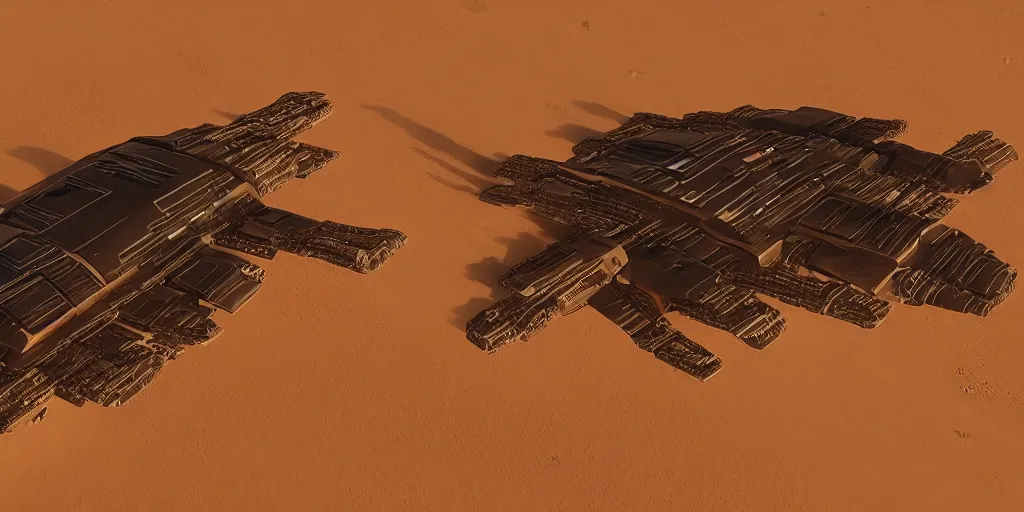 Prompt: spaceship from the movie dune, 2 0 2 1 cinematic 4 k framegrab, intricate abstract spaceship floating detailed docking ports. flying above a dessert with sand worms