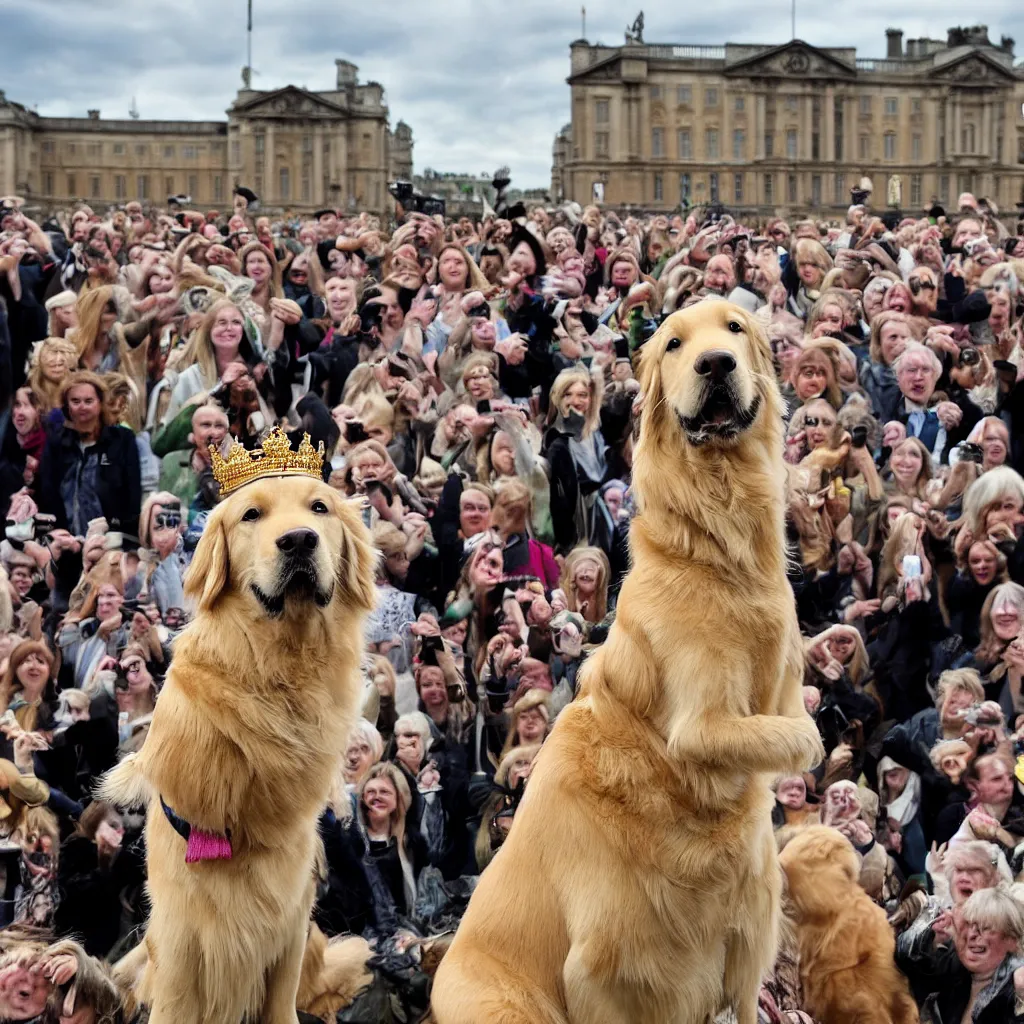 Image similar to national geographic photo of a golden retriever wearing a crown being hailed as the new king of England by a crowd of people at Buckingham palace in the background
