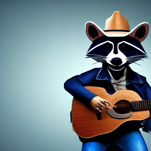 Prompt: raccoon wearing a cowboy hat and black leather jacket playing a guitar in dark room, blue lighting