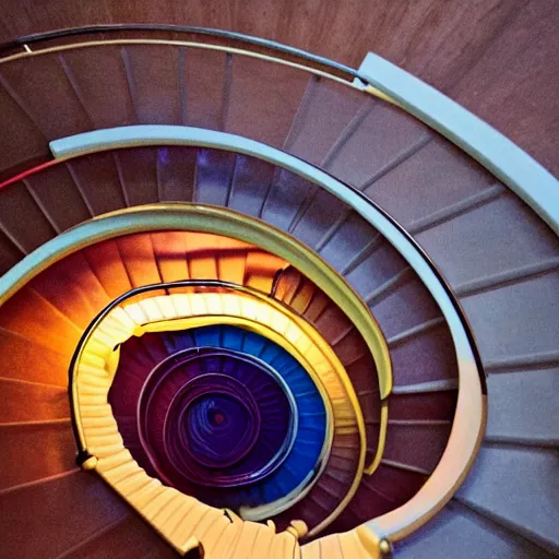 Image similar to A beautiful spiral staircase winding down to a colorfully lit chasm, view from above