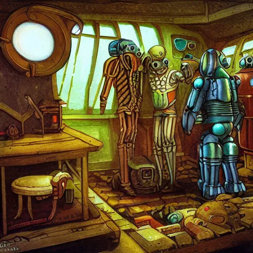 Image similar to medieval extraterrestrial villagers pointing to broken non - functioning robot sitting on floor in corner of room, colorful, dramatic lighting, illustration, fantastic planet, ron cobb, mike mignogna, jim henson creature shop, science fiction, detailed painting, high detail, coherent, rough paper