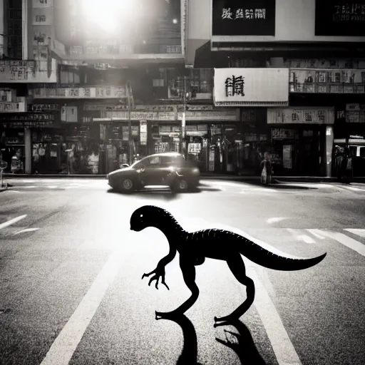 Image similar to a velociraptor walking through kowloon, hong kong. sunbeams, cinematic shot