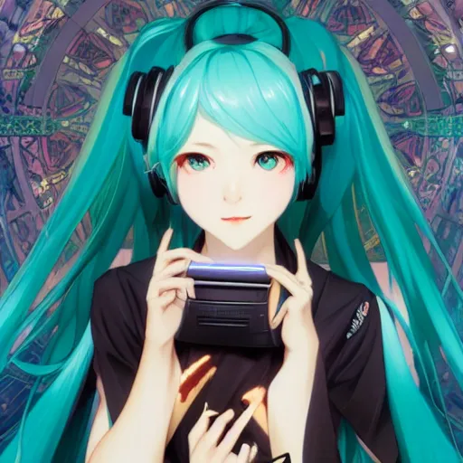 Image similar to hatsune miku using computer, illustration, art by artgerm and greg rutkowski and alphonse mucha