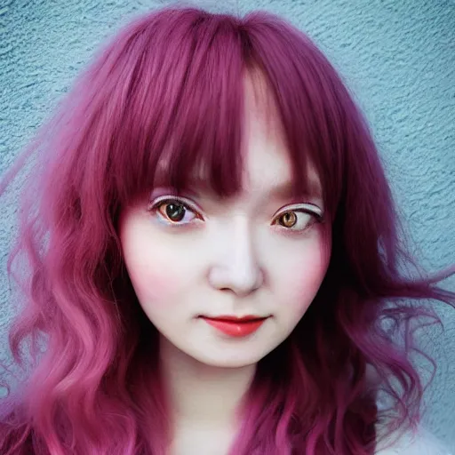 Prompt: happy anime girl, messy curly pastel hair, harajuku fashion, clear clean face, face by lya kushinov, Avetetsuya Studios