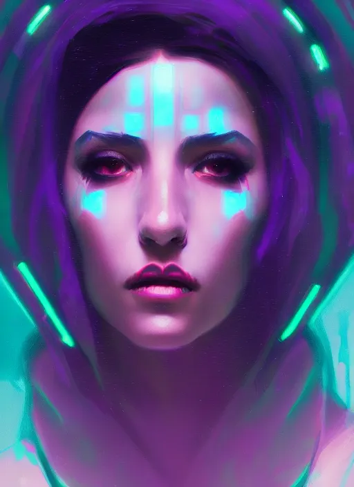Prompt: glowwave portrait of camila mendez as a cyberpunk sorceress, in the art style of jeremy lipkin