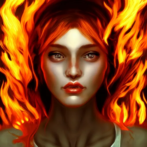 Image similar to a young female face made of fire, line art, award-winning, Artstation