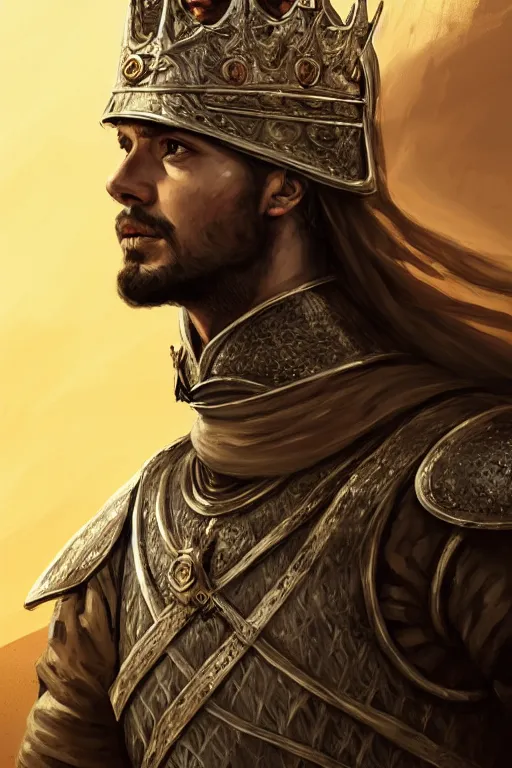 Image similar to Portrait of a handsome king in the desert, Medieval Warrior, detailed scene, Armour and Crown, Sword, photo realistic, highly detailed, dramatic lighting, trending on artstation, elegant, intricate, character design, motion and action and tragedy, fantasy, D&D, highly detailed, digital painting, concept art