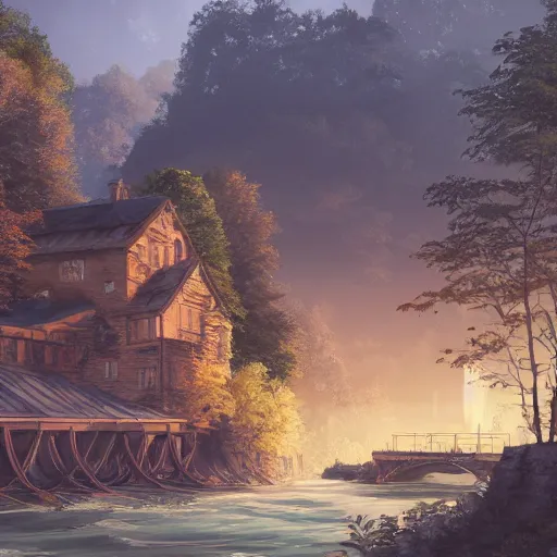 Image similar to concept art painting of a historic mill with european and japanese architecture, by a river, in a woodland village surrounded by trees and mountains, realistic, detailed, cel shaded, in the style of makoto shinkai and greg rutkowski and james gurney