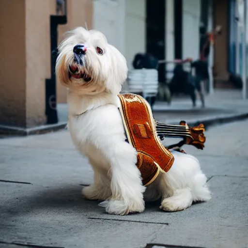 Image similar to a cream-colored Havanese dog dressed as a mariachi Singer, Leica 35mm, 4K