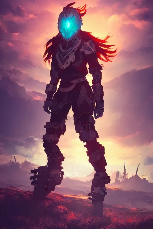 Image similar to combination suit armor aloy horizon forbidden west horizon zero dawn radiating a glowing aura global illumination ray tracing hdr fanart arstation by ian pesty and alena aenami artworks in 4 k tribal robot ninja mask helmet backpack