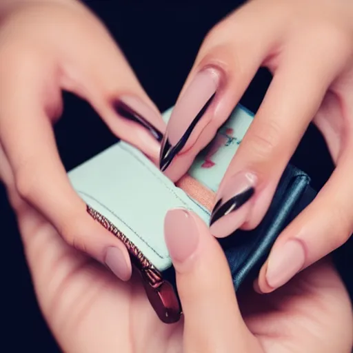 Prompt: photo of hand with simple manicure holding wallet,