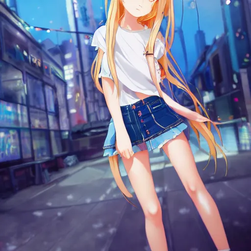 Image similar to a very beautiful anime girl, full body, long golden hair, sky blue eyes, full round face, short smile, mini jeans skirt, cute top, urban setting, cinematic lighting, medium shot, mid-shot, highly detailed, trending on Artstation, Unreal Engine 4k, cinematic wallpaper by Stanley Artgerm Lau, WLOP, Rossdraws, James Jean, Andrei Riabovitchev, Marc Simonetti, and Sakimichan