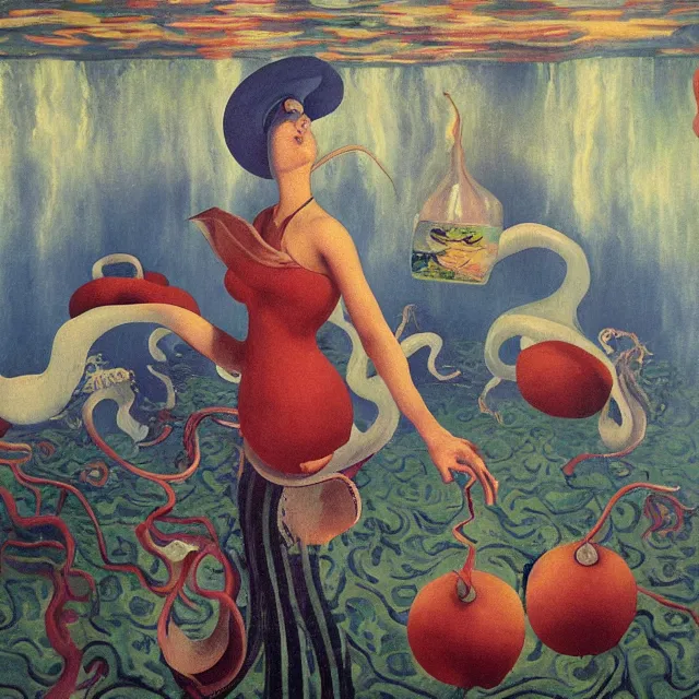 Prompt: tall female artist holding a nautilus in her flooded kitchen, pomegranates, window, octopus, water gushing from ceiling, painting of flood waters inside an artist's apartment, a river flooding indoors, ikebana, zen, rapids, waterfall, black swans, canoe, berries, acrylic on canvas, surrealist, by magritte and monet