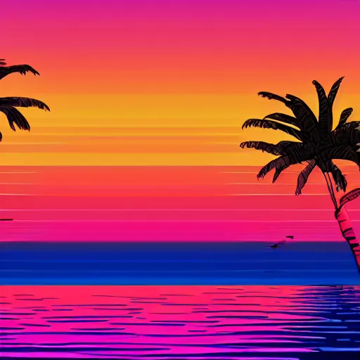 Image similar to A synthwave style sunset above the reflecting water of the sea, digital art