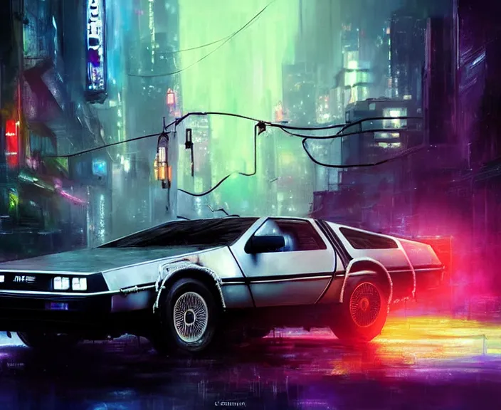 Prompt: delorean, wires, neon lights, cyberpunk, highly detailed painting by jeremy mann and cd projekt red and charlie bowater and titian and artgerm