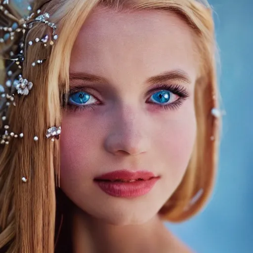 Prompt: close up headshot of a princess with long blonde hair and blue eyes wearing a strapless elaborately beaded pink dress, high resolution film still, 8k, HDR color, film by Simon Langton and David Frankel, gazing eyes, narrow V-shaped chin