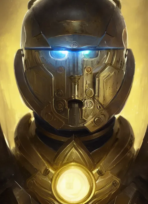 Image similar to dynamic head-on abstract portrait of a intricate glorious holy mechanical warforged character in yellow armor holding a paladin engraved great longsword drawn and carrying a big paladin shield, beam glowing eye , face in focus, epic , trending on ArtStation, masterpiece, cinematic lighting, by Ross Tran and by Greg Rutkowski