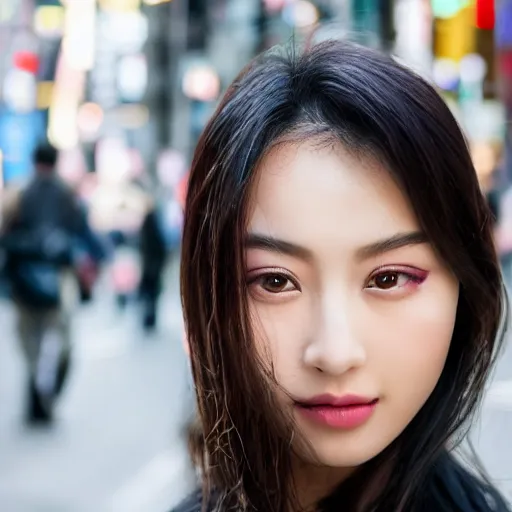 Image similar to beautiful asian female model on streets of tokyo, detailed face, posing in futuristic fashion, wide shot