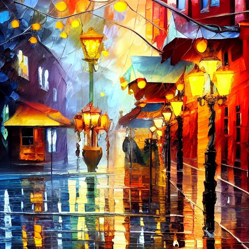 Image similar to a painting of a street corner in the Haight neighborhood with a coffee shop covered in christmas lights, by Tyler Edlin and leonid afremov, behance contest winner, american scene painting, concept art, streetscape, rainy, cozy