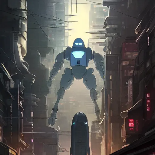 Image similar to Iron Giant in future japan at night, concept art, fine details, studio ghibli, cinematic lighting, ghost-in-the-shell, cyberpunk,sci-fi, fantasy, intricate, elegant, highly detailed, digital painting, trending on artstation, concept art, smooth, sharp focus, illustration, by james gurney and greg rutkowski