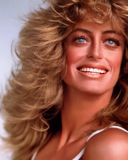 Image similar to closeup portrait of a beautiful young farrah fawcett in a sports illustrated photoshoot, rim lighting, glamour pose, hyper realistic, soft lighting,,, hd, octane, arney freytag!!!