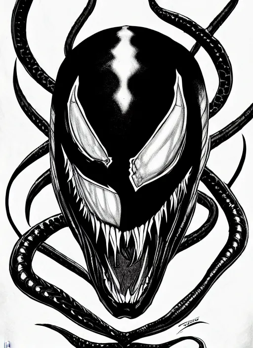 Prompt: symmetry concpet art, full shot, traditional ink, sketch, of venom, line sketch, intricate, elegant, highly detailed, monochrome, digital painting, artstation, concept art, sharp focus, illustration, art by borderlands 3 and peter polach