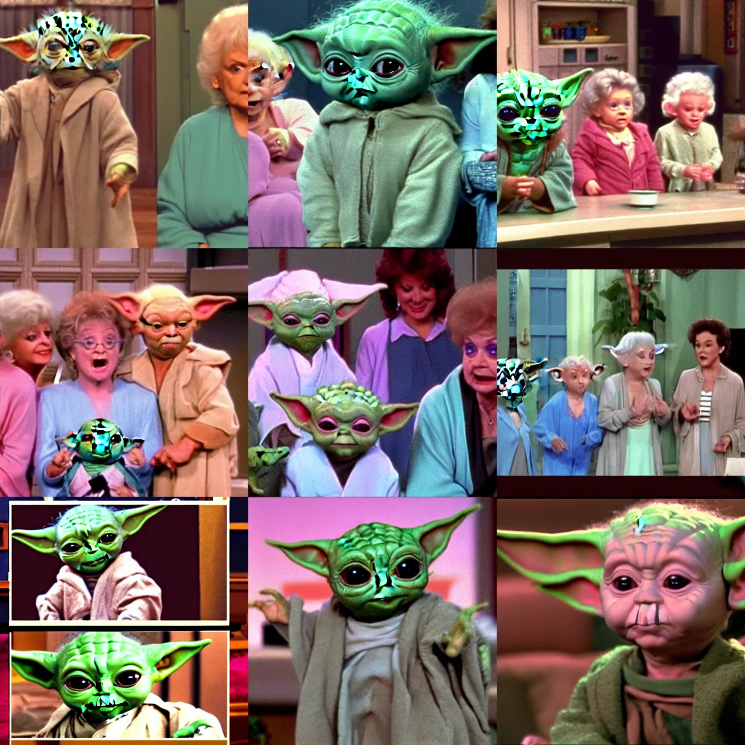 Prompt: 1 baby yoda ( 2 0 1 4 ) as sophia in an ensemble scene of the tv show golden girls ( 1 9 8 5 ) 4 k, 8 k, hq