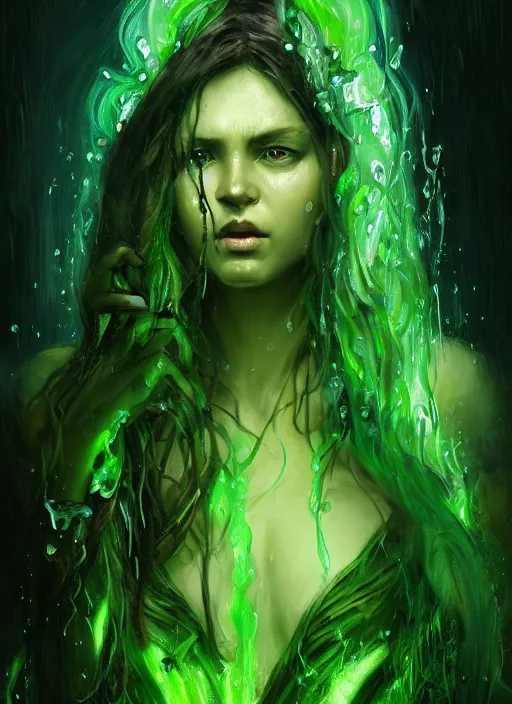 Image similar to epic portrait cinematic shot an frog goddess, wet green flowing hair, green glowing eyes, green lips, sweaty skin, green robes, fine details. night setting. realistic shaded lighting poster by craig mullism, artgerm, jeremy lipkin and michael garmash, unreal engine, radiant light, detailed and intricate environment, digital art, trending on art station,