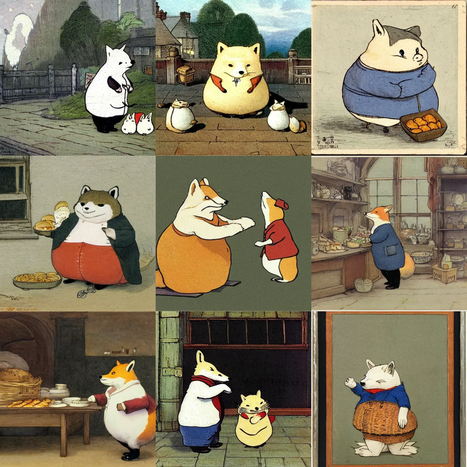 Prompt: Fat fox selling steamed buns,Beatrix potter