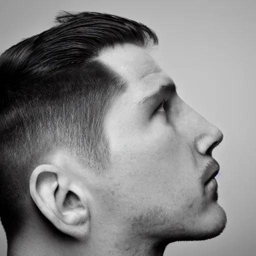 Image similar to a guy with a terrible ugly absurde haircut, studio lighting, head close up