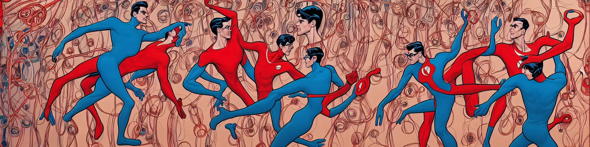 Image similar to plasticman shaking his own hands stretching his right arm across the panel re - entering the image on the left side reaching out to his own body, illustrated by james jean, twirling and twisting