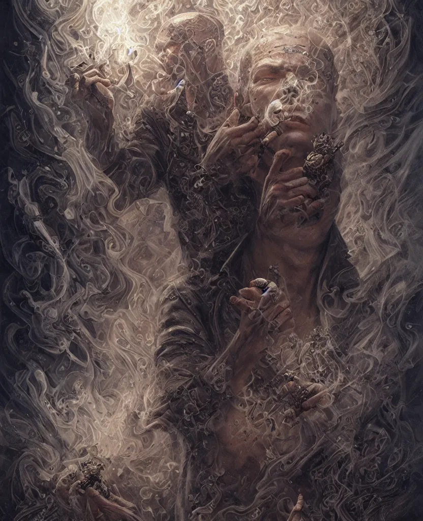 Image similar to the sandman, very detailed, 8k, maximized, ornate, masterpiece, complex, by Greg rutkowski, Alex Gray, surrounded by smoke