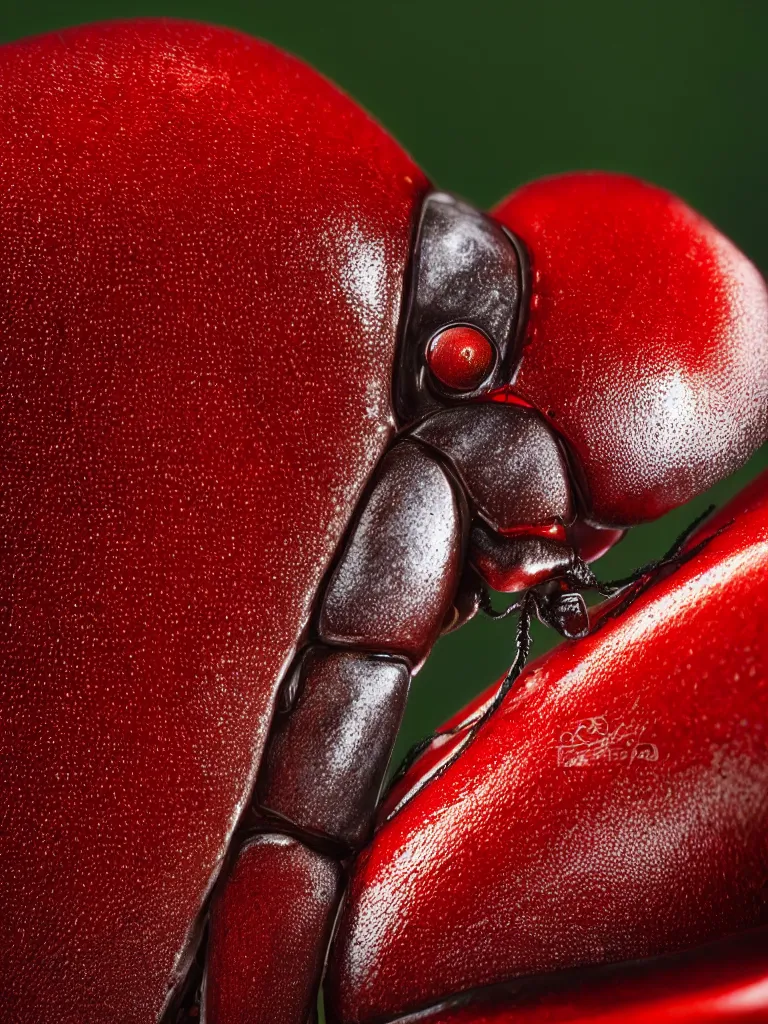 Prompt: complementary color scheme. close - up shot of a beautiful red and white beetle. insect eyes. by kechun zhang. studio photography high quality highly detailed award winning photograph by national geographic. soft volumetric light, smooth gradient.