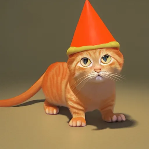 Image similar to orange tabby cat wearing a dunce cap, cgi pixar