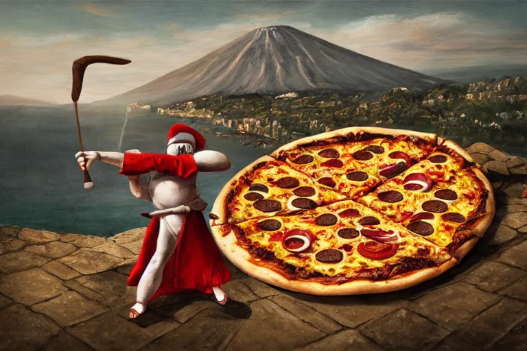 Prompt: a highly detailed pizza! with pulcinella!!! from naples, volcano in the background, black sky, smoke, fire lava, full body, wide angle, an ultrafine detailed painting by rivorio mok, trending on deviantart, whimsical, lowbrow, perfect symmetrical face, sharp focus, octane, masterpiece