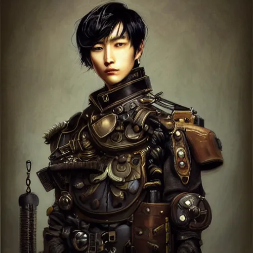 Prompt: portrait of a man by ayami kojima, korean, he is about 2 0 years old, short black hair with bangs, very tall and slender, smart looking, he is wearing a steampunk tactical gear, highly detailed portrait, digital painting, artstation, concept art, smooth, sharp foccus ilustration, artstation hq