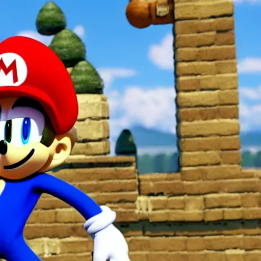 Image similar to photo-realistic sonic the hedgehog wearing a mario hat