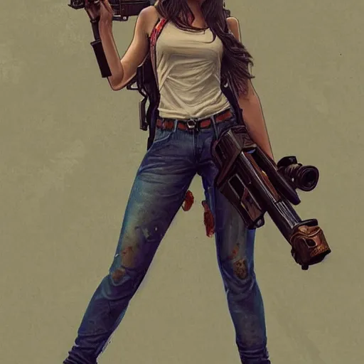 Image similar to Full body portrait of a beautiful young woman wearing a tank top and jeans shooting a Lovecraftian monster with a shotgun, horror, digital painting, detailed, artstation, Greg Rutkowski, Artgerm, Alphonse Mucha