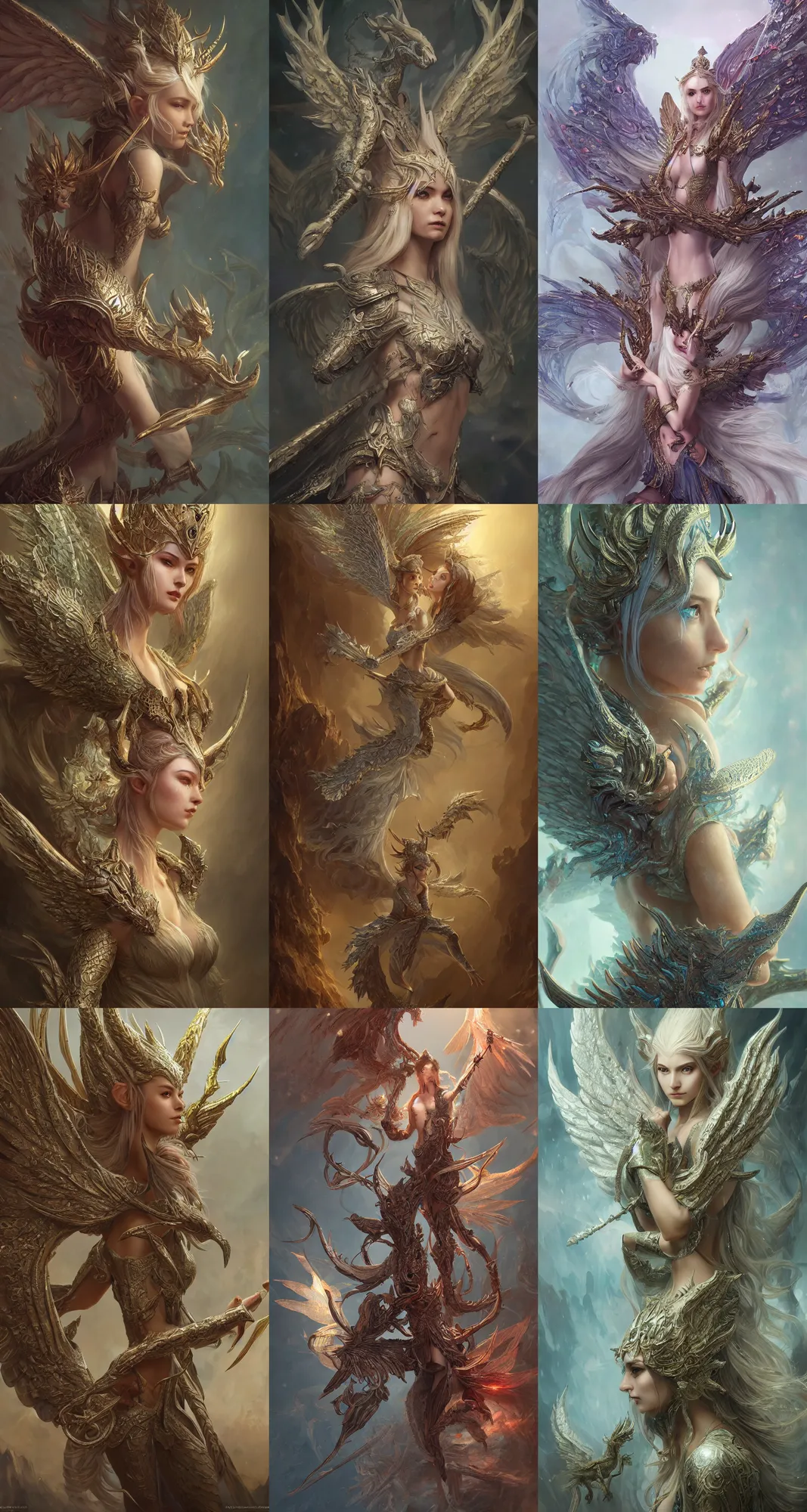 Prompt: highly detailed paintings of elven angel fairy dragons, hyper detailed, digital art, trending on artstation, cinematic lighting, studio quality, smooth, sharp details, in the style of nixeu and fenghua zhong and magali villeneuve.