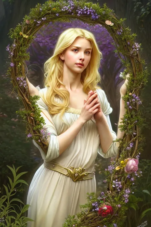 Prompt: beautiful blonde woman in the image of a fairy - tale princess in the garden with a wreath in her hands, deep focus, d & d, fantasy, complex, elegant, highly detailed, digital painting, artstation, concept art, matte, clear focus, illustration, hearthstone, works by artgerm and greg rutkowski and alphonse mucha