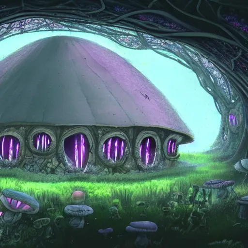 Image similar to concept art painting of a interior of a fungal circular alien fantasy fairytale house made of mushrooms, with black vines, realistic, detailed, cel shaded, magenta and gray, dark, in the style of makoto shinkai and greg rutkowski and james gurney