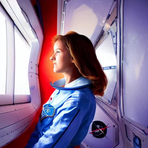 Prompt: a beautiful woman astronaut looks out the window of her spaceship at a vibrant colorful nebula