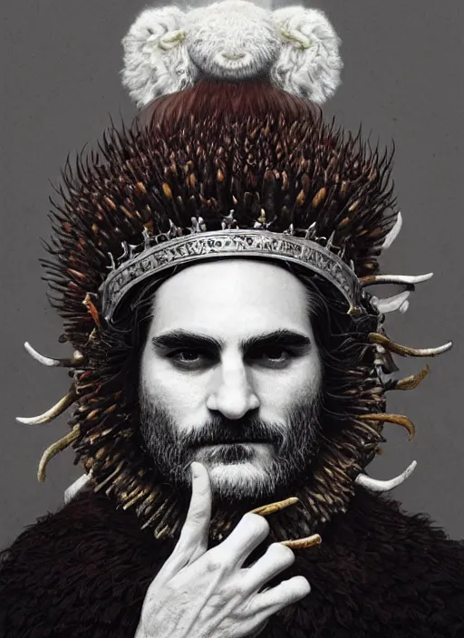 Image similar to a hyper detailed portrait of joaquin phoenix with a crown made of animals, cow horns, sheep wool, chicken feather armor, majestic, angelic, by anna podedworna, by miklos ligeti, by diego maricato, by taran fiddler, by antonino truisi, by chris reddie, by jinsung lim, trending on artstation