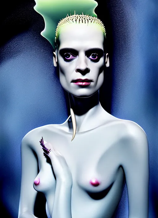 Image similar to portrait of kristen mcmenamy as a beautiful gentle futuristic bride of frankenstein from the movie bride of frankenstein, kintsugi, modern fine art, fractal, intricate, elegant, highly detailed, digital photography, subsurface scattering, by jheronimus bosch and greg rutkowski, still from the movie ex machina, smooth healthy skin, high key lighting