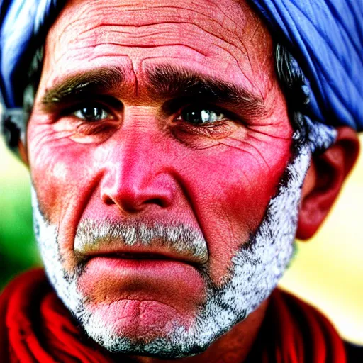 Image similar to portrait of president george w. bush as afghan man, green eyes and red scarf looking intently, photograph by steve mccurry